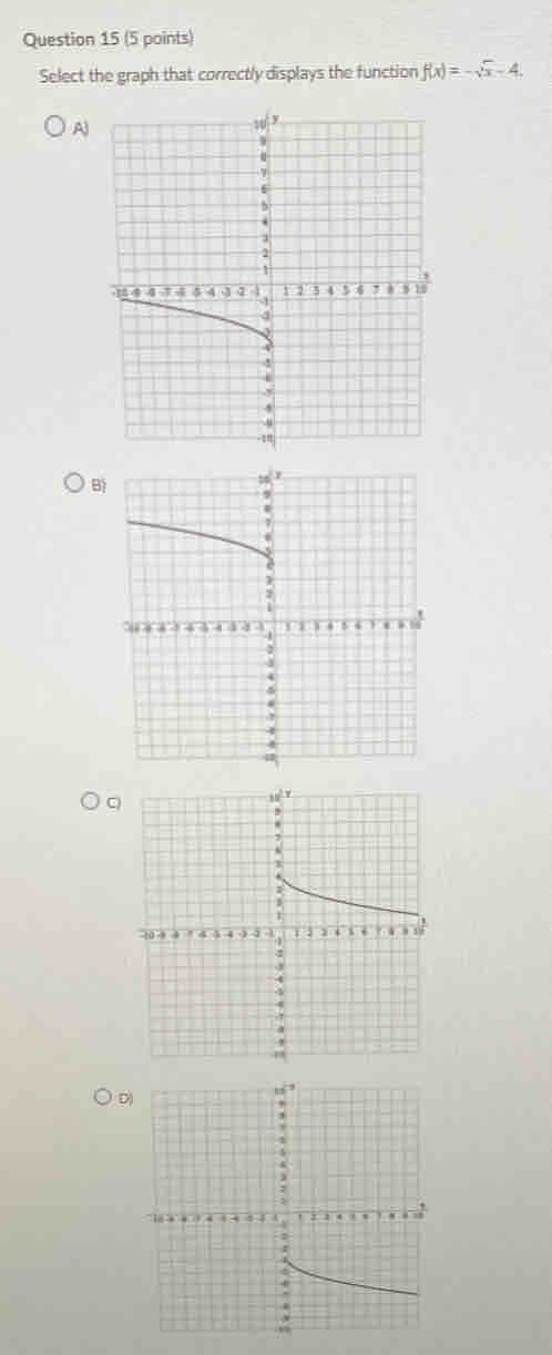 Select the graph that correctly displays the function f(x)=-sqrt(x)-4. 
A 
B 
D