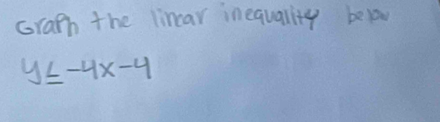 Graph the lincar inequality belw
y≤ -4x-4