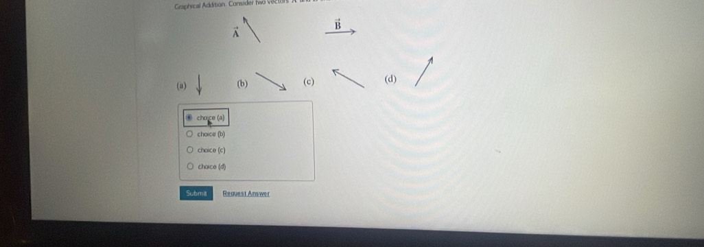 Graphical Addition. Consider (wo V8218
vector B
vector A
(a) downarrow (b) (c) (d)
⑥ cho ce (a)
choice (b)
choice (c)
chaice (d)
Submit Request Answer