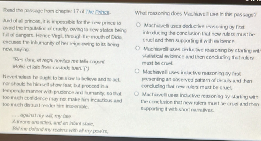 Solved: Read the passage from chapter 17 of The Prince. What reasoning ...