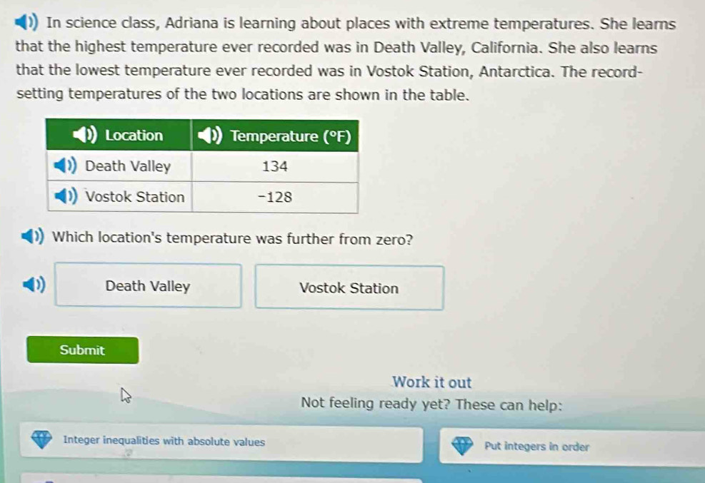 In science class, Adriana is learning about places with extreme temperatures. She learns
that the highest temperature ever recorded was in Death Valley, California. She also learns
that the lowest temperature ever recorded was in Vostok Station, Antarctica. The record-
setting temperatures of the two locations are shown in the table.
Which location's temperature was further from zero?
0 Death Valley Vostok Station
Submit
Work it out
Not feeling ready yet? These can help:
Integer inequalities with absolute values Put integers in order