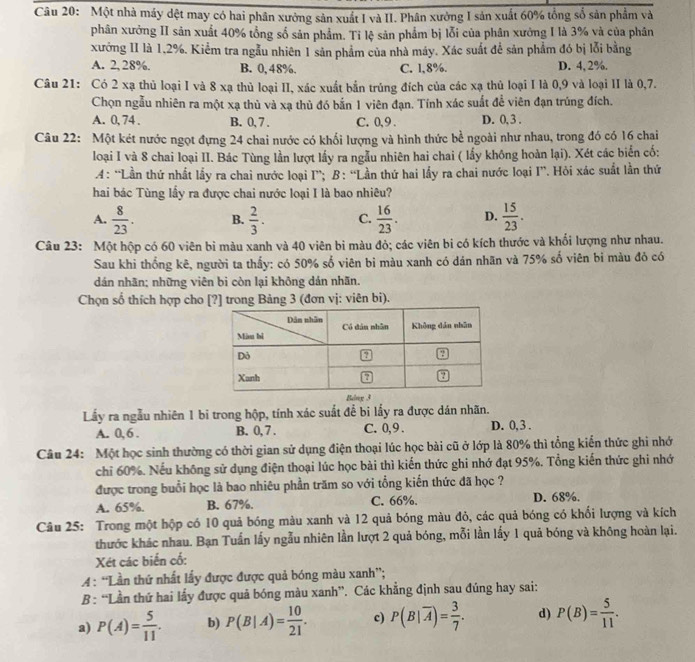 Một nhà máy dệt may có hai phân xưởng sản xuất I và II. Phân xường I sản xuất 60% tổng số sản phẩm và
phân xưởng II sản xuất 40% tổng số sản phẩm. Tỉ lệ sản phẩm bị lỗi của phân xưởng I là 3% và của phân
xướng II là 1,2%. Kiểm tra ngẫu nhiên 1 sản phẩm của nhà máy. Xác suất để sản phẩm đó bị lỗi bằng
A. 2, 28%. B. 0,48%. C. 1,8%. D. 4, 2%.
Câu 21: Có 2 xạ thủ loại I và 8 xạ thủ loại II, xác xuất bắn trúng đích của các xạ thủ loại I là 0,9 và loại II là 0,7.
Chọn ngẫu nhiên ra một xạ thủ và xạ thủ đó bắn 1 viên đạn. Tính xác suất để viên đạn trúng đích.
A. 0, 74 . B. 0, 7 . C. 0, 9 . D. 0, 3 .
Câu 22: Một két nước ngọt đựng 24 chai nước có khối lượng và hình thức bề ngoài như nhau, trong đó có 16 chai
loại I và 8 chai loại II. Bác Tùng lần lượt lấy ra ngẫu nhiên hai chai ( lấy không hoàn lại). Xét các biển cố:
4: “Lần thứ nhất lấy ra chai nước loại I”; B: “Lần thứ hai lấy ra chai nước loại I”. Hỏi xác suất lần thứ
hai bác Tùng lấy ra được chai nước loại I là bao nhiêu?
A.  8/23 . B.  2/3 . C.  16/23 . D.  15/23 .
Câu 23: Một hộp có 60 viên bi màu xanh và 40 viên bi màu đỏ; các viên bi có kích thước và khối lượng như nhau.
Sau khi thống kê, người ta thấy: có 50% số viên bi màu xanh có dán nhãn và 75% số viên bi màu đỏ có
dán nhãn; những viên bi còn lại không dán nhãn.
Chọn số thích hợp cho [?] trong Bảng 3 (đơn vị: viên bi).
Bảng 3
Lấy ra ngẫu nhiên 1 bi trong hộp, tính xác suất để bi lấy ra được dán nhãn.
A. 0, 6 . B. 0, 7 . C. 0,9 . D. 0,3 .
Câu 24: Một học sinh thường có thời gian sử dụng điện thoại lúc học bài cũ ở lớp là 80% thì tổng kiển thức ghi nhớ
chỉ 60%. Nếu không sử dụng điện thoại lúc học bài thì kiến thức ghi nhớ đạt 95%. Tổng kiến thức ghi nhớ
được trong buổi học là bao nhiêu phần trăm so với tổng kiến thức đã học ?
A. 65%. B. 67%. C. 66%. D. 68%.
Câu 25: Trong một hộp có 10 quả bóng màu xanh và 12 quả bóng màu đỏ, các quả bóng có khổi lượng và kích
thước khác nhau. Bạn Tuấn lấy ngẫu nhiên lần lượt 2 quả bóng, mỗi lần lấy 1 quả bóng và không hoàn lại.
Xét các biến cố:
A : “Lần thứ nhất lấy được được quả bóng màu xanh'';
B: “Lần thứ hai lấy được quả bóng màu xanh”. Các khẳng định sau đúng hay sai:
a) P(A)= 5/11 . b) P(B|A)= 10/21 . c) P(B|overline A)= 3/7 . d) P(B)= 5/11 .