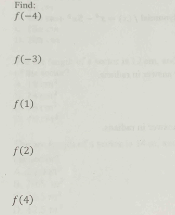 Find:
f(-4)
f(-3)
f(1)
f(2)
f(4)