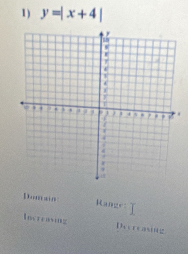 y=|x+4|
Domain: Ranger
Increasing Decreasing