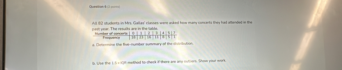 All 82 students in Mrs. Gallas' classes were asked how many concerts they had attended in the 
past year. The results are in the table. 
a. Determine the five-number summary of the distribution. 
b. Use the 1.5* IQR method to check if there are any outliers. Show your work.