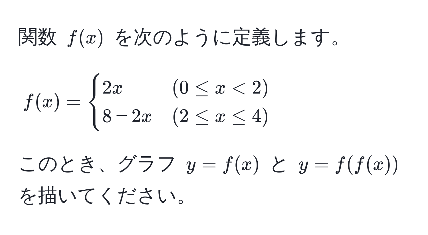 関数 $f(x)$ を次のように定義します。 
[
f(x) = 
begincases 
2x & (0 ≤ x < 2)  
8 - 2x & (2 ≤ x ≤ 4) 
endcases
]
このとき、グラフ $y=f(x)$ と $y=f(f(x))$ を描いてください。