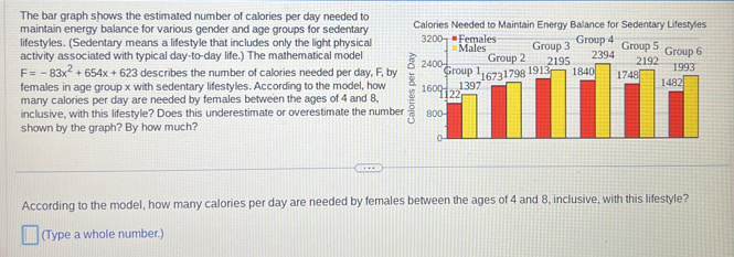 The bar graph shows the estimated number of calories per day needed to 
maintain energy balance for various gender and age groups for sedentary Calories Needed to Maintain Energy Balance for Sedentary Lifestyles 
lifestyles. (Sedentary means a lifestyle that includes only the light physical 
activity associated with typical day -to-day life.) The mathematical model
F=-83x^2+654x+623 describes the number of calories needed per day, F, by 
females in age group x with sedentary lifestyles. According to the model, how 
many calories per day are needed by females between the ages of 4 and 8, 
inclusive, with this lifestyle? Does this underestimate or overestimate the number ; 
shown by the graph? By how much? 
According to the model, how many calories per day are needed by females between the ages of 4 and 8, inclusive, with this lifestyle? 
(Type a whole number.)