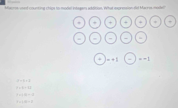 0pois
Macros used counting chips to model integers addition. What expression did Macros model?
_ 
+ =+1 =-1
-7=5+2
7+5=12
7+(-5)=-2
7+(-5)=2