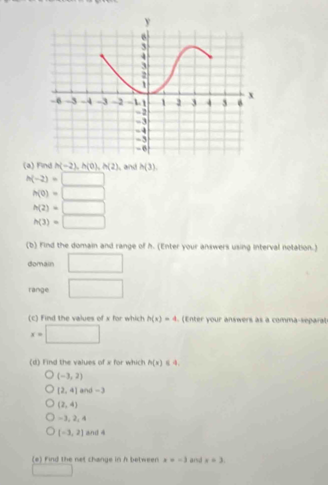 Find h(-2), h(0), h(2) and h(3),
h(-2)=□
h(0)=□
h(2)=□
h(3)=□
(b) Find the domain and range of h. (Enter your answers using Interval notation.)
domain □ 
range □ 
(c) Find the values of x for which h(x)=4 (Enter your answers as a comma-separal
x=□
(d) Find the values of x for which h(x) 8 4.
(-3,2)
[2,4] and -3
(2,4)
-3, 2, 4
(-3,2) and 4
(e) Find the net change in / between x=-3 and x=3. 
□