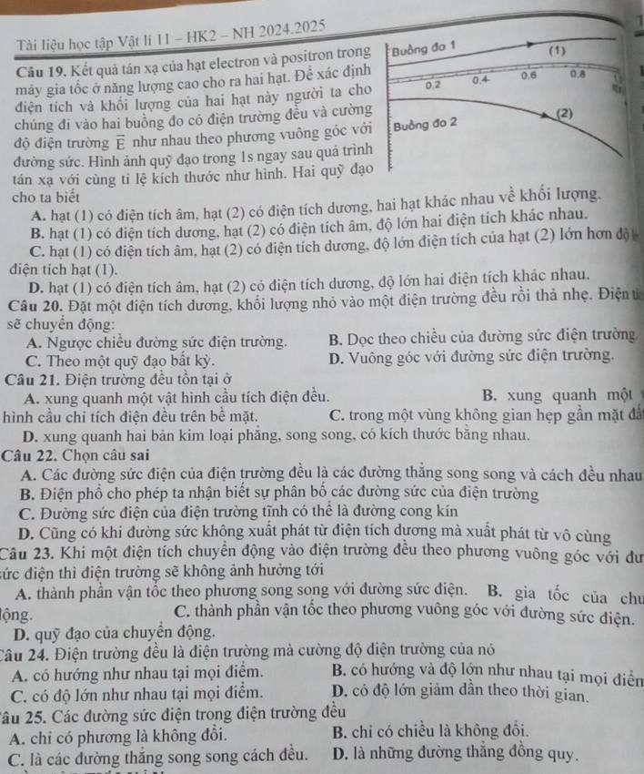 Tài liệu học tập Vật lí 11 - HK2 - NH 2024.2025
Câu 19. Kết quả tán xạ của hạt electron và positron trong * Buồng đo 1 (1)
máy gia tốc ở năng lượng cao cho ra hai hạt. Để xác định
0.4
điện tích và khổi lượng của hai hạt này người ta cho 0.2 0.6 0.8
chúng đi vào hai buồng đo có điện trường đều và cường (2)
độ điện trường overline E như nhau theo phương vuông góc với Buồng đo 2
đường sức. Hình ảnh quỹ đạo trong 1s ngay sau quá trình
tán xạ với cùng ti lệ kích thước như hình. Hai quỹ đạo
cho ta biết
A. hạt (1) có điện tích âm, hạt (2) có điện tích dương, hai hạt khác nhau về khổi lượng.
B. hạt (1) có điện tích dương, hạt (2) có điện tích âm, độ lớn hai điện tích khác nhau.
C. hạt (1) có điện tích âm, hạt (2) có diện tích dương, độ lớn điện tích của hạt (2) lớn hơn độ
diện tich hạt (1).
D. hạt (1) có điện tích âm, hạt (2) có điện tích dương, độ lớn hai điện tích khác nhau.
Câu 20. Đặt một điện tích dương, khổi lượng nhỏ vào một điện trường đều rồi thả nhẹ. Điện tổ
sẽ chuyển động:
A. Ngược chiều đường sức điện trường. B. Dọc theo chiều của đường sức điện trường
C. Theo một quỹ đạo bắt kỳ. D. Vuông góc với đường sức điện trường.
Câu 21. Điện trường đều tồn tại ở
A. xung quanh một vật hình cầu tích điện đều. B. xung quanh một
hình cầu chỉ tích điện đều trên bề mặt. C. trong một vùng không gian hẹp gần mặt đã
D. xung quanh hai bàn kim loại phăng, song song, có kích thước băng nhau.
Câu 22. Chọn câu sai
A. Các đường sức điện của điện trường đều là các đường thăng song song và cách đều nhau
B. Điện phổ cho phép ta nhận biết sự phân bổ các đường sức của điện trường
C. Đường sức điện của điện trường tĩnh có thể là đường cong kín
D. Cũng có khi đường sức không xuất phát từ điện tích dương mà xuất phát từ vô cùng
Câu 23. Khi một điện tích chuyển động vào điện trường đều theo phương vuông góc với đư
đức điện thì điện trường sẽ không ảnh hưởng tới
A. thành phần vận tốc theo phương song song với đường sức điện. B. gia tốc của chu
lộng.
C. thành phần vận tốc theo phương vuông góc với đường sức điện.
D. quỹ đạo của chuyển động.
Câu 24. Điện trường đều là điện trường mà cường độ điện trường của nó
A. có hướng như nhau tại mọi điểm. B. có hướng và độ lớn như nhau tại mọi điển
C. có độ lớn như nhau tại mọi điểm. D. có độ lớn giảm dần theo thời gian.
2âu 25. Các đường sức điện trong điện trường đều
A. chỉ có phương là không đổi. B. chỉ có chiều là không đổi.
C. là các đường thắng song song cách đều. D. là những đường thắng đồng quy.