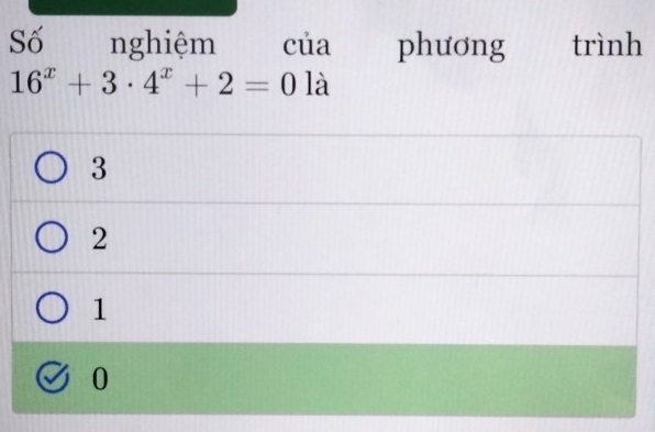 Số nghiệm của phương trình
16^x+3· 4^x+2=0 là
3
2
1
0