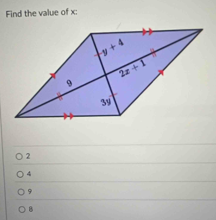 Find the value of x:
2
4
9
8