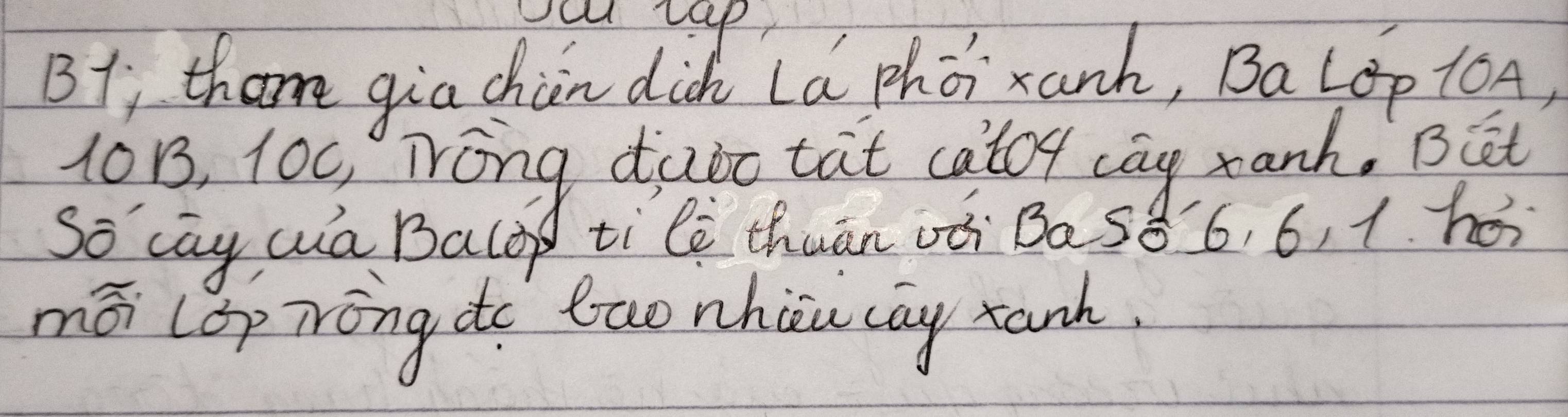 Oo rap 
Bf tham gia chàn dich La phòi xanh, BaLop 10A,
10B3, 10C, Wōng diqào tat catoy ca ranh. BEt 
So cay wa Balop tìlè thuān vòi Bas8 6, 6, 1. ho 
mō lop irōng to buo nhiu cay xanh