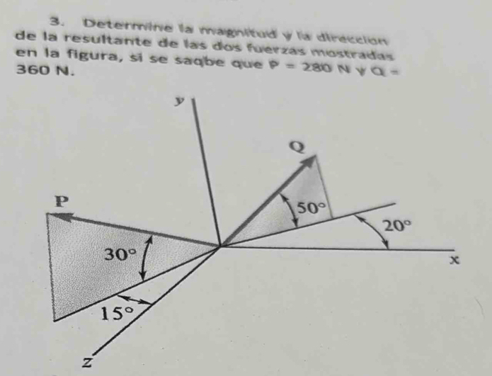 Determine la magnitud y la dirección
de la resultante de las dos fuerzás mostradas
en la figura, si se saqbe que P=280
360 N. N √ Q=