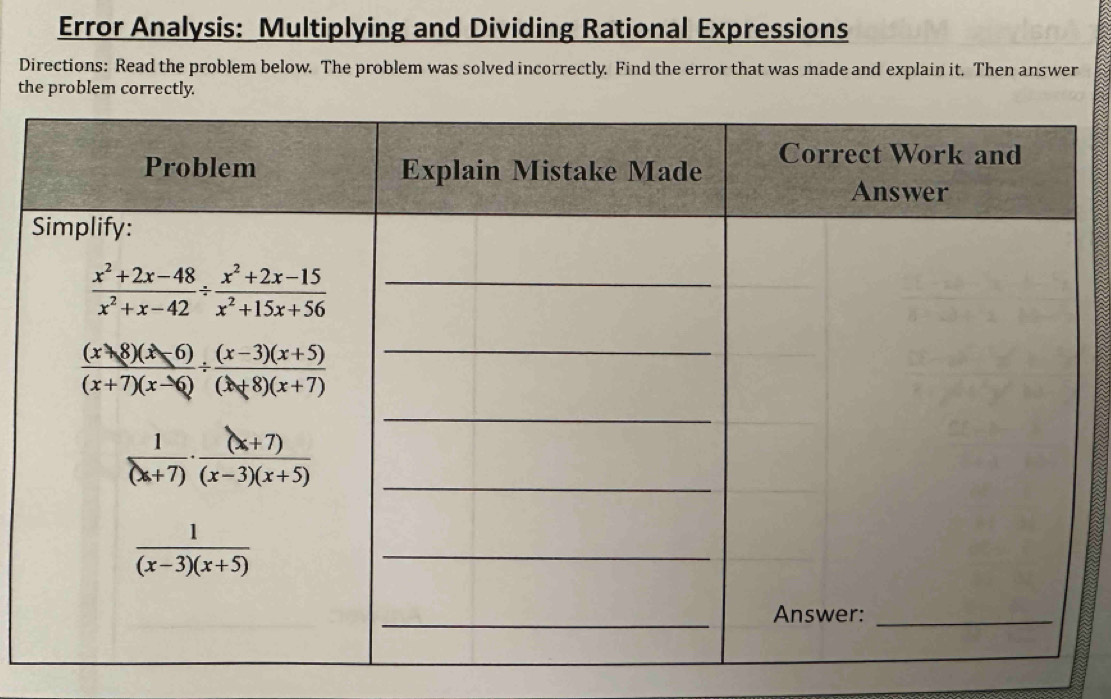 Solved: Error Analysis: Multiplying and Dividing Rational Expressions ...