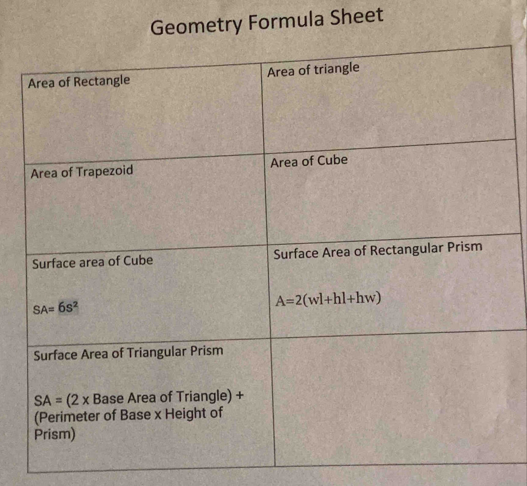 Geometry Formula Sheet