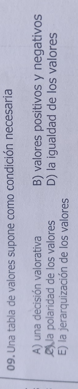 Una tabla de valores supone como condición necesaria
A) una decisión valorativa B) valores positivos y negativos
C) la polaridad de los valores D) la igualdad de los valores
E) la jerarquización de los valores