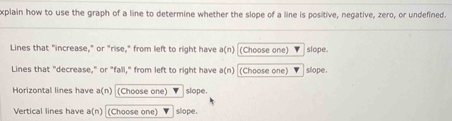 xplain how to use the graph of a line to determine whether the slope of a line is positive, negative, zero, or undefined. 
Lines that "increase," or "rise," from left to right have a(n) (Choose one) slope. 
Lines that "decrease," or "fall," from left to right have a(n) (Choose one) slope. 
Horizontal lines have a(n) (Choose one) slope. 
Vertical lines have a(n) (Choose one) slope.