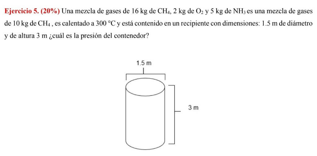 (20%) Una mezcla de gases de 16 kg de CH₄, 2 kg de O_2 y 5 kg de NH_3 es una mezcla de gases 
de 10 kg de CH_4 , es calentado a 300°C y está contenido en un recipiente con dimensiones: 1.5 m de diámetro 
y de altura 3 m ¿cuál es la presión del contenedor?