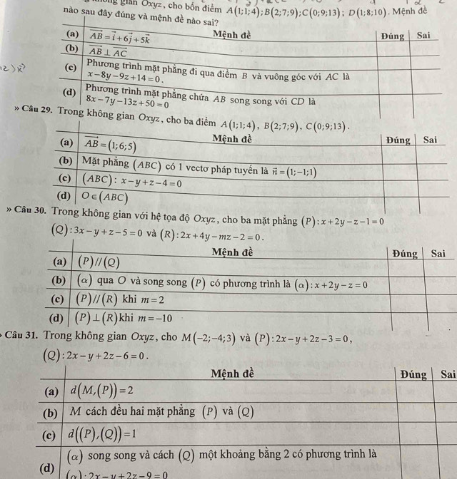 Ông giân Oxyz, cho bốn điểm A(1;1;4);B(2;7;9);C(0;9;13);D(1;8;10). Mệnh đề
nào sau đây đún
» Cz , ch
*  không gian với hệ tọa độ Oxyz , cho ba mặt phẳng (P): x+2y-z-1=0
(Q): 3x-y+z-5=0 và (R): 2x+4y-mz-2=0.
Câu 31. Trong không gian Oxyz, cho M(-2;-4;3) và (P):2x-y+2z-3=0,
(Q): 2x-y+2z-6=0.
i
i 2x-y+2z-9=0