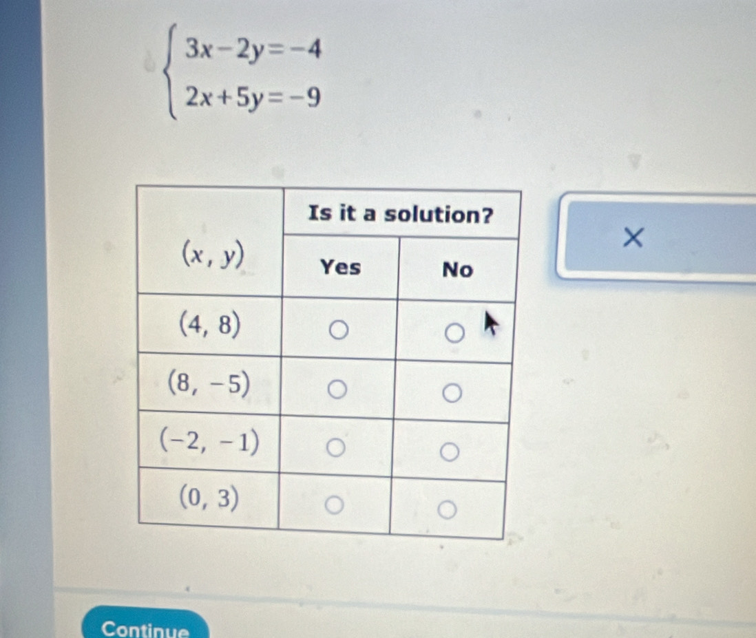 beginarrayl 3x-2y=-4 2x+5y=-9endarray.
×
Continue