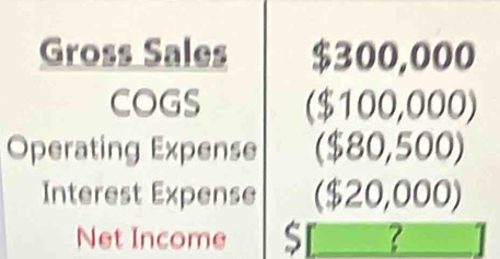 Gross Sales $300,000
COGS ($100,000) 
Operating Expense ($80,500) 
Interest Expense ($20,000) 
Net Income $ [？