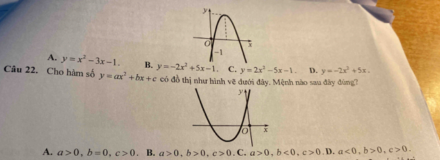 A. y=x^2-3x-1. B. y=-2x^2+5x-1 C. y=2x^2-5x-1. D. y=-2x^2+5x. 
Câu 22. Cho hàm số y=ax^2+bx+c có đồ thị như hình vẽ dưới đây. Mệnh nào sau đây đúng?
A. a>0, b=0, c>0. B. a>0, b>0, c>0. C. a>0, b<0</tex>, c>0. D. a<0</tex>, b>0, c>0.