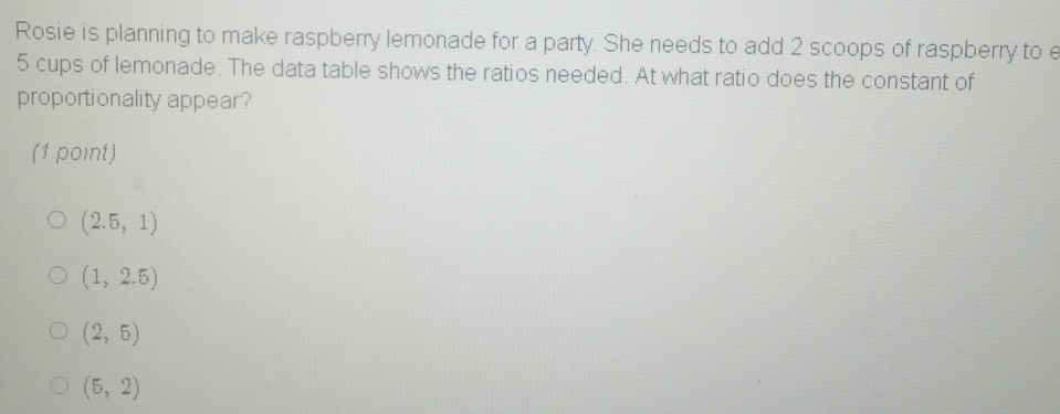 Rosie is planning to make raspberry lemonade for a party. She needs to add 2 scoops of raspberry to e
5 cups of lemonade. The data table shows the ratios needed. At what ratio does the constant of
proportionality appear?
(1 point)
(2.5,1)
(1,2.5)
(2,5)
(5,2)