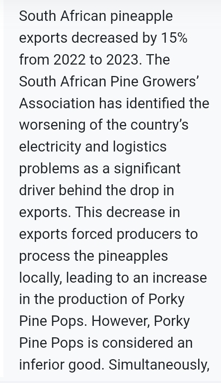 Solved: South African pineapple exports decreased by 15% from 2022 to ...
