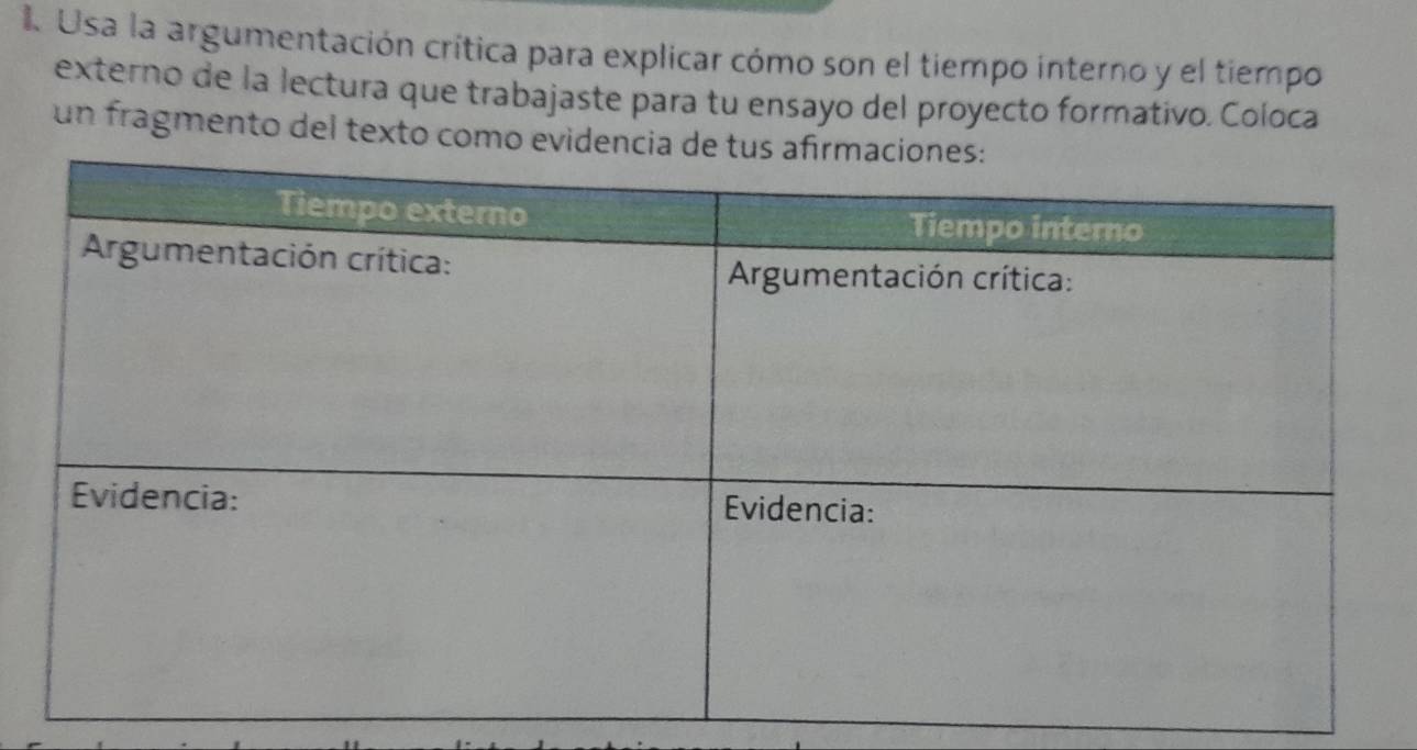 Usa la argumentación crítica para explicar cómo son el tiempo interno y el tiempo 
externo de la lectura que trabajaste para tu ensayo del proyecto formativo. Coloca 
un fragmento del texto como evidencia de