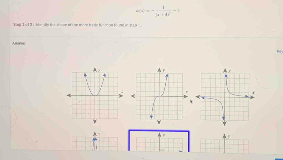 m(x)=-frac 1(x+4)^2-5
Step 2 of 2 : Identify the shape of the more basic function found in step 1. 
Answer 
Key
y
y
y