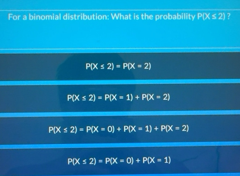 Solved: For a binomial distribution: What is the probability P(X≤ 2 ...