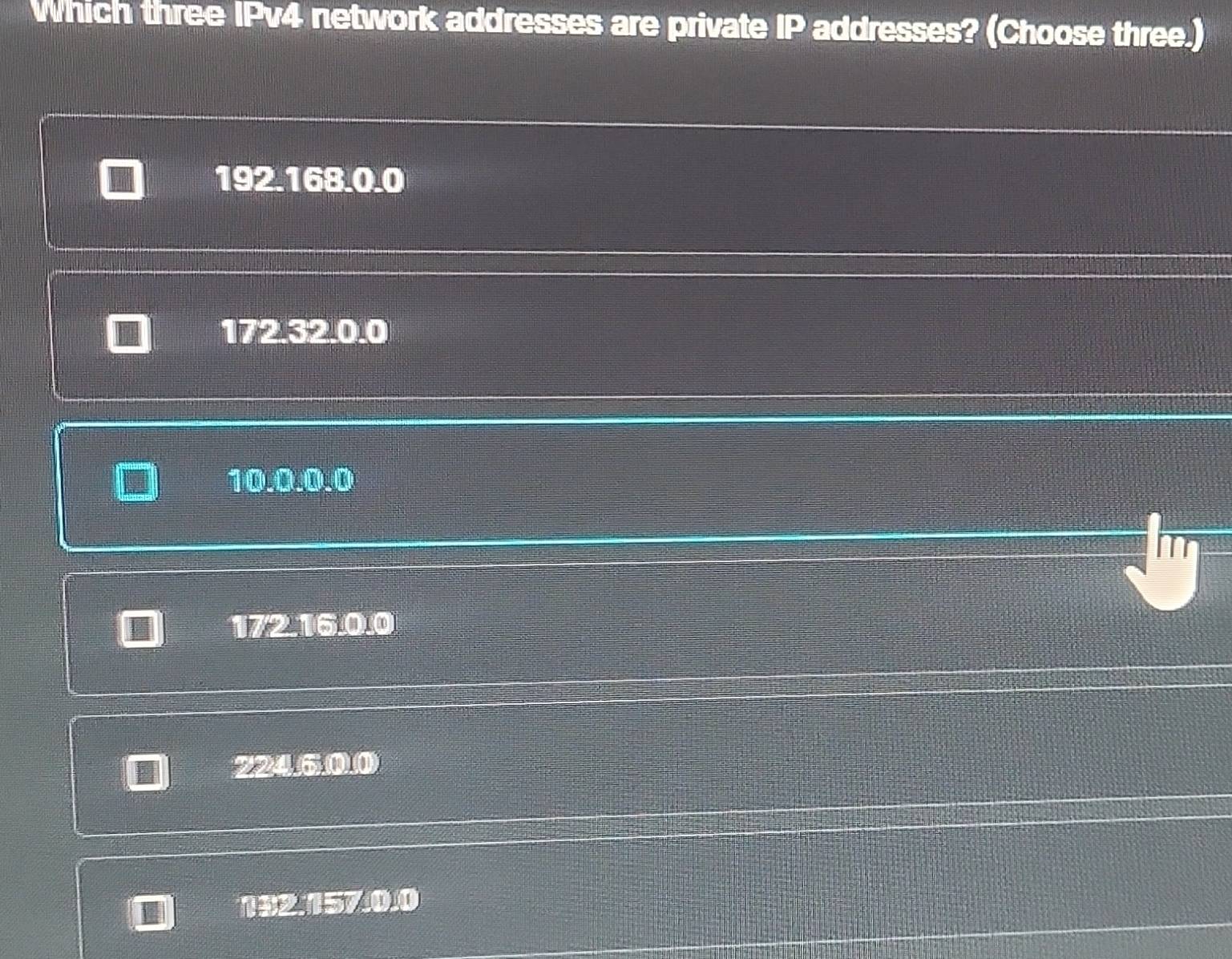 Solved: Which three IPv4 network addresses are private IP addresses ...