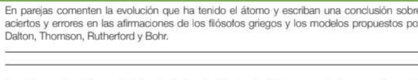 En parejas comenten la evolución que ha tenido el átomo y escriban una conclusión sobr 
aciertos y errores en las afirmaciones de los filósofos griegos y los modelos propuestos po 
Dalton, Thomson, Rutherford y Bohr. 
_ 
_