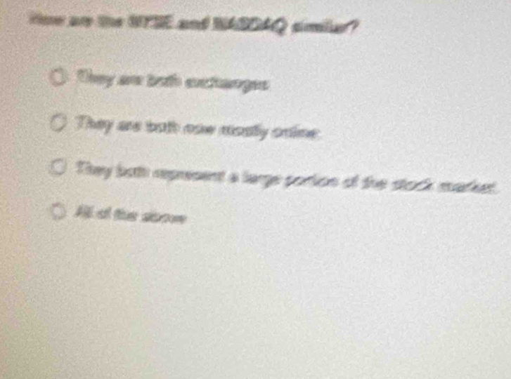 How an the WYSE and NASDAQ smler?
They ae boh euctanges
They are both one mosly online
They both represent a large porion of the stock market.
A o the soom