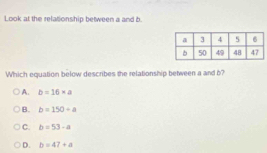 Look at the relationship between a and b.
Which equation below describes the relationship between a and b?
A. b=16* a
B. b=150/ a
C. b=53-a
D. b=47+a