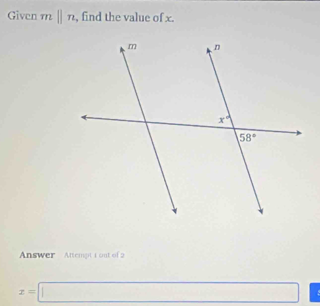 Given mbeginvmatrix endvmatrix n , find the value of x.
Answer   Attempt 1 out of 2
x=□