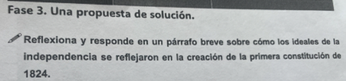 Fase 3. Una propuesta de solución. 
Reflexiona y responde en un párrafo breve sobre cómo los ideales de la 
independencia se reflejaron en la creación de la primera constitución de 
1824.