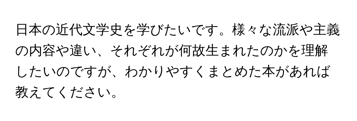 日本の近代文学史を学びたいです。様々な流派や主義の内容や違い、それぞれが何故生まれたのかを理解したいのですが、わかりやすくまとめた本があれば教えてください。