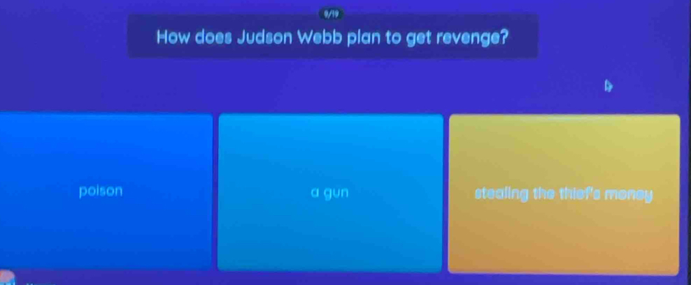 9/19
How does Judson Webb plan to get revenge?
poison a gun stealing the thief's money