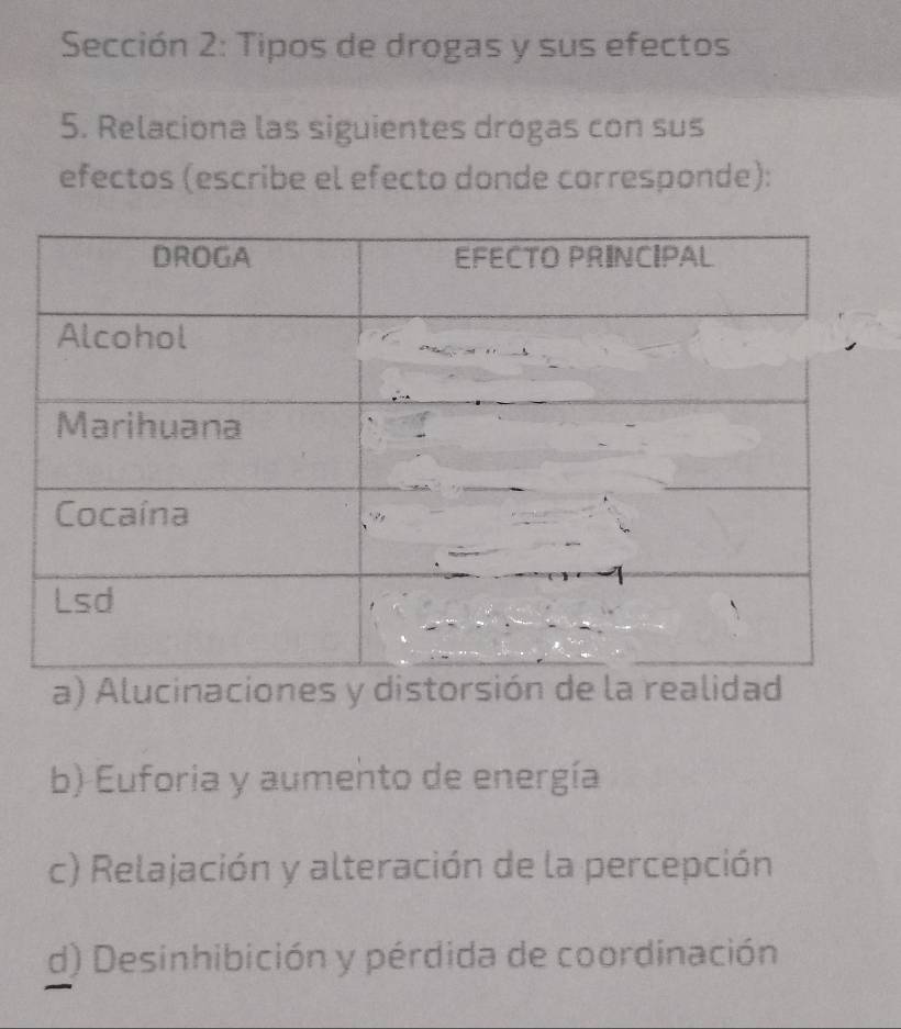 Sección 2: Tipos de drogas y sus efectos
5. Relaciona las siguientes drogas con sus
efectos (escribe el efecto donde corresponde):
a) Alucinaciones y distorsión de la realidad
b) Euforia y aumento de energía
c) Relajación y alteración de la percepción
d) Desinhibición y pérdida de coordinación