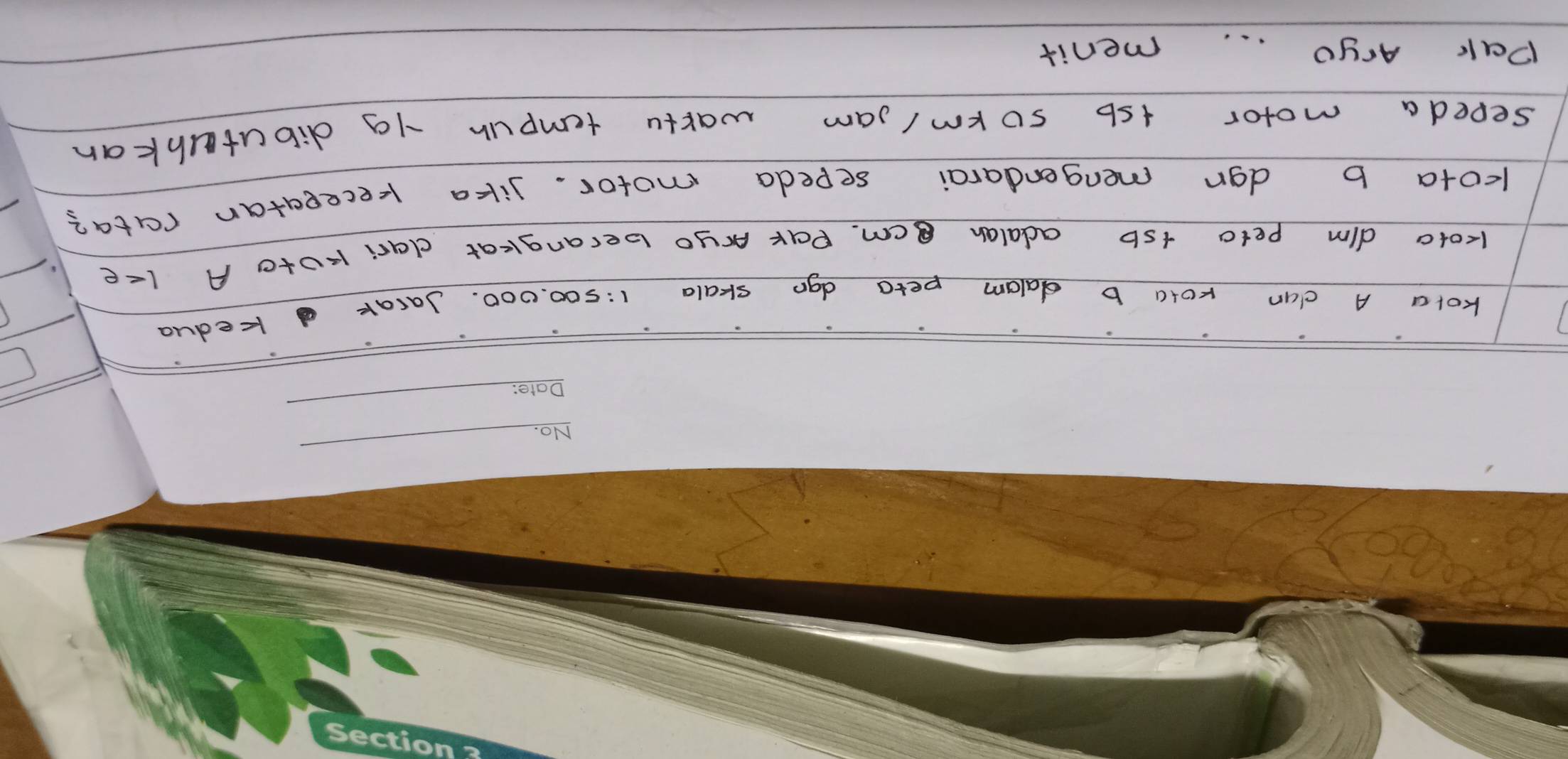 kora A clan Kota b dalam peto dgo skala 1:500. 000. Jarak kedua 
Koto dim peto +sb adalah cm. Par Aryo berangkat dari k0to A kze 
kota b dgr mengerdarai sepeda motor. lika receeatan rata? 
sepeda motor tsb so km/sam wartu tempur - 9 dibutahkan 
Pak Aryo. . . menit