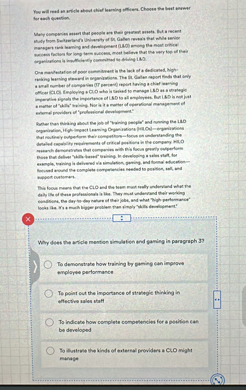 Solved: You will read an article about chief learning officers. Choose ...