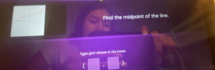 Find the midpoint of the line. 
Type your answer in the boxes 
( ,