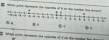 Which point represents the opposite of B on the n
A
A ⑧ 8 C 
Which point represents the opposite of Y on the number line
w