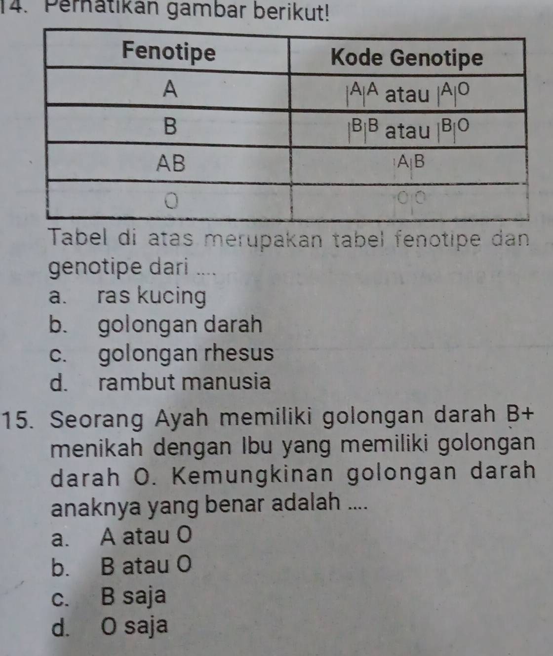 Peratikan gambar berikut!
Tabel di atas merupakan tabel fenotipe dan
genotipe dari ....
a. ras kucing
b. golongan darah
c. golongan rhesus
d. rambut manusia
15. Seorang Ayah memiliki golongan darah B+
menikah dengan Ibu yang memiliki golongan 
darah O. Kemungkinan golongan darah
anaknya yang benar adalah ....
a. A atau O
b. B atau O
c. B saja
d. O saja