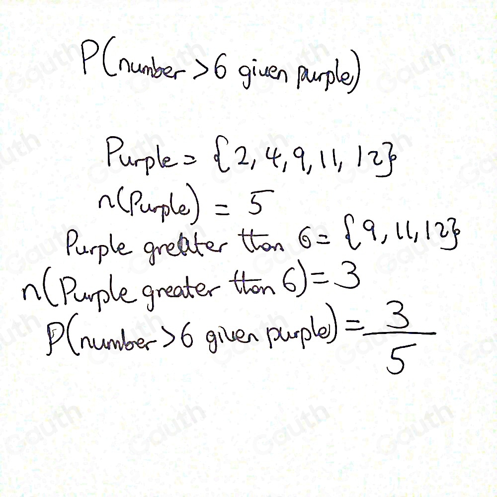 P(number) 6 given purple) 
Purple = 2,4,9,11,12
n (puple) =5
Purple greater than 6= 9,11,12
n (Pople greater then 6)=3
P(number 6 given purple) = 3/5 