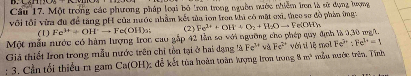 1|206|11104|12 
Câu 17. Một trong các phương pháp loại bỏ Iron trong nguồn nước nhiễm Iron là sử dụng lượng 
vôi tôi vừa đủ đề tăng pH của nước nhằm kết tủa ion Iron khi có mặt oxi, theo sơ đồ phản ứng: 
(1) Fe^(3+)+OH^-to Fe(OH)_3 (2) Fe^(2+)+OH^-+O_2+H_2Oto Fe(OH)_3
Một mẫu nước có hàm lượng Iron cao gấp 42 lần so với ngưỡng cho phép quy định là 0,30 mg/l. 
Giả thiết Iron trong mẫu nước trên chỉ tồn tại ở hai dạng là Fe^(3+) và Fe^(2+) với tỉ lệ mol Fe^(3+):Fe^(2+)=1
: 3. Cần tối thiểu m gam Ca(OH)_2 để kết tủa hoàn toàn lượng Iron trong 8m^3 mẫu nước trên. Tính