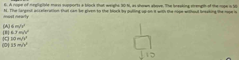 A rope of negligible mass supports a block that weighs 30 N, as shown above. The breaking strength of the rope is 50
N. The largest acceleration that can be given to the block by pulling up on it with the rope without breaking the rope is
most nearly
(A) 6m/s^2
(B) 6.7m/s^2
(C) 10m/s^2
(D) 15m/s^2