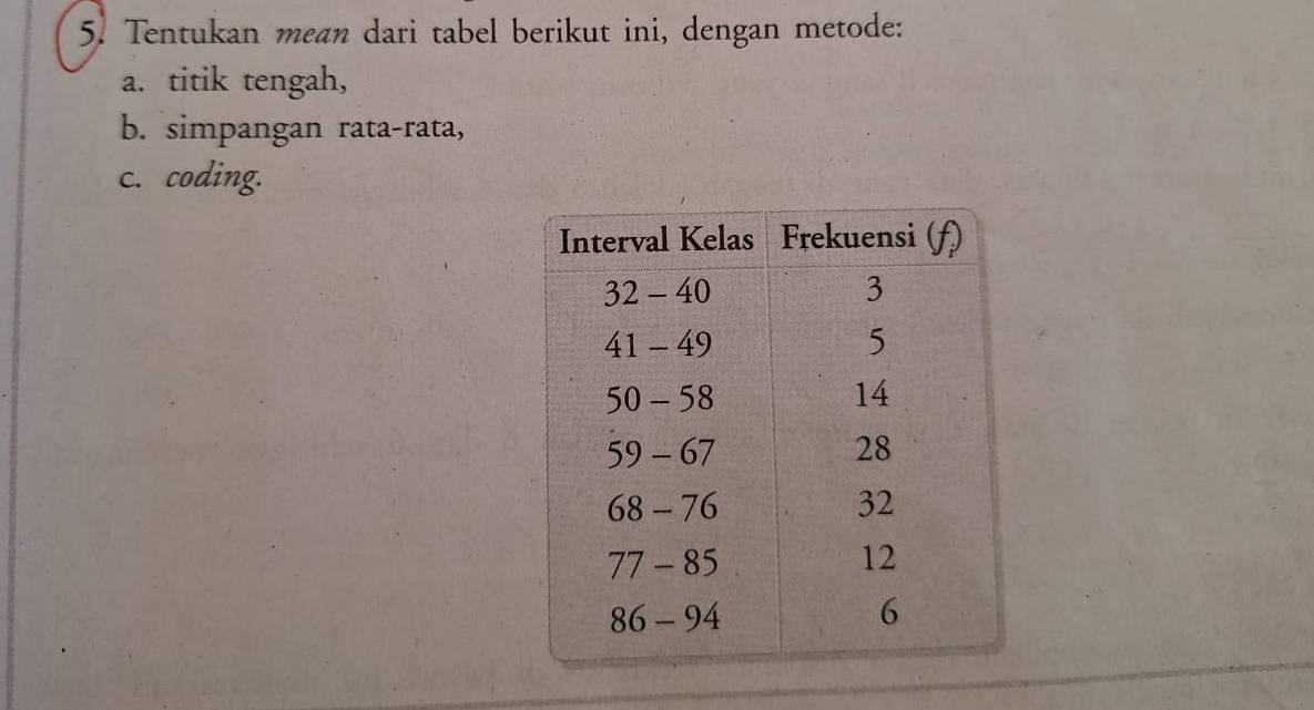 Tentukan mean dari tabel berikut ini, dengan metode: 
a. titik tengah, 
b. simpangan rata-rata, 
c. coding.